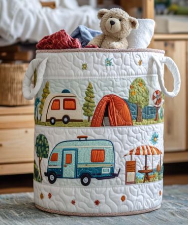 Camper Nights Quilted Laundry Hamper - Adventure-Themed Fabric Basket With Reinforced Handles, Foldable & Easy To Store