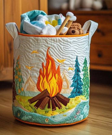 Campfire Glow Quilted Laundry Hamper - Cozy Outdoor-Inspired Fabric Basket With Sturdy Handles, Large Capacity & Foldable