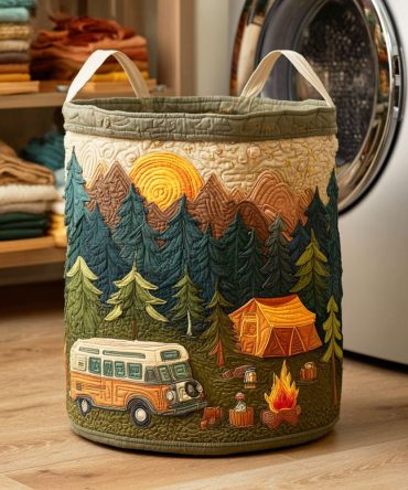 Campfire Night Quilted Laundry Hamper — Rustic Outdoor-Themed Fabric Basket, Large Collapsible Clothes & Blanket Storage For Cabin Decor
