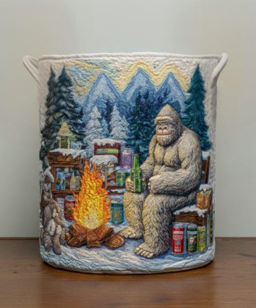 Campfire Yeti Chill Quilted Laundry Hamper – Cozy Camp-Style Collapsible Fabric Basket, Heavy-Duty Handles, Large Decorative Storage For Home Or Outdoors