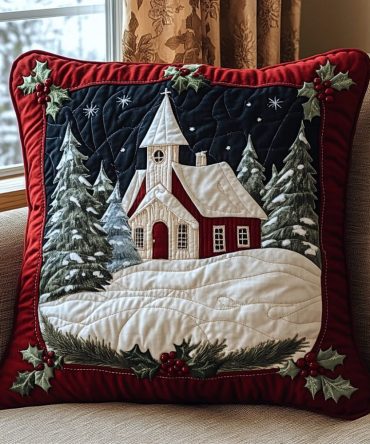 Candlelight Church Quilted Pillow Cover — Traditional Nativity-Inspired Christmas Throw Pillowcase For Classic Holiday Decor