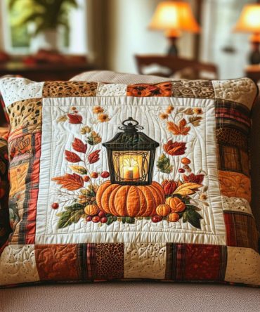 Candlelit Autumn Quilted Throw Pillow Cover — Warm Fall Colors, Textured Cotton-Blend Decorative Pillowcase For Seasonal Home Decor