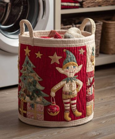 Candy Cane Elf Quilted Laundry Basket – Holiday Stripe Collapsible Hamper For Laundry, Toys & Seasonal Decor