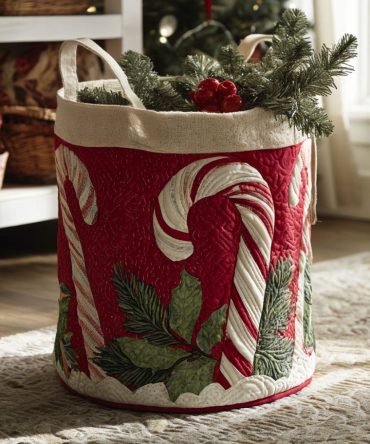 Candy Cane Whimsy Quilted Laundry Hamper — Festive Red & White Foldable Basket, Spacious Capacity, Durable Handles, Easy-Clean
