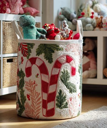 Candy Cane Wishes Quilted Laundry Hamper - Playful Holiday Foldable Basket With Padded Quilting, Durable Handles & Sweet Seasonal Storage Solution