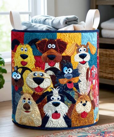 Canine Crew Quilted Hamper — Durable Dog-Themed Collapsible Laundry Basket With Reinforced Handles For Home Storage