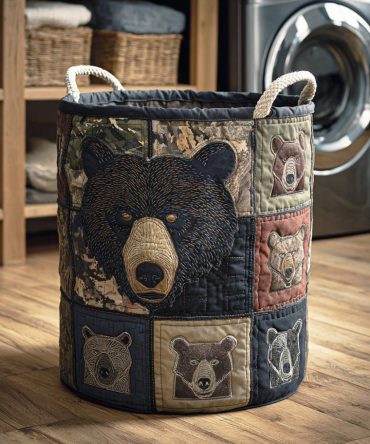 Canyon Bear Quilted Laundry Hamper — Scenic Bear Print Collapsible Basket, Durable Handles & Washable Liner
