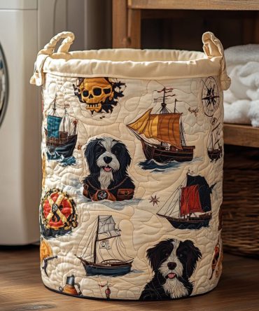 Captain Whiskers Quilted Laundry Hamper — Nautical Cat Print Foldable Laundry Basket With Handles For Seaside & Home Use