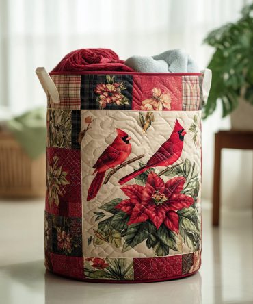 Cardinal Charm Quilted Fabric Hamper — Decorative Foldable Laundry Basket With Handles, Durable Quilted Design For Home & Seasonal Decor