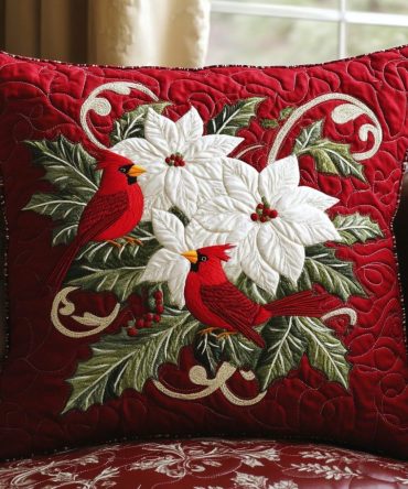 Cardinal Joy Quilted Throw Pillow Cover — Festive Red Cardinal Decorative Cushion Case For Holiday & Winter Décor