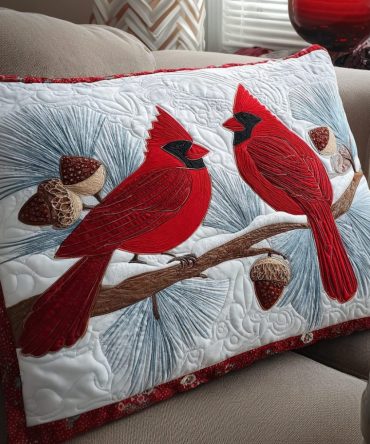 Cardinal Nest Quilted Holiday Pillow Cover - Red Bird Winter Throw Pillow Sham For Rustic Cabin, Mantel & Christmas Decor