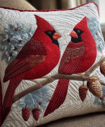 Cardinal Nest Quilted Decorative Pillow Cover — Nature-Inspired Stitched Square Throw Pillowcase For Rustic Farmhouse And Seasonal Mantels