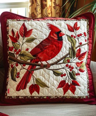 Cardinal On Crabapple Tree Quilted Pillow Cover — Embroidered Bird & Branch Accent For Rustic Farmhouse, Cotton Throw Pillowcase