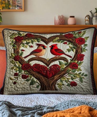 Cardinal Whisper Quilted Pillow Cover — Red Bird Decorative Throw Pillow Case For Woodland, Farmhouse & Rustic Bedrooms