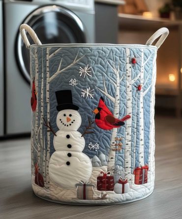 Cardinal & Snowman Winter Quilted Laundry Hamper - Festive Washable Fabric Basket For Holiday Decor & Gift Giving
