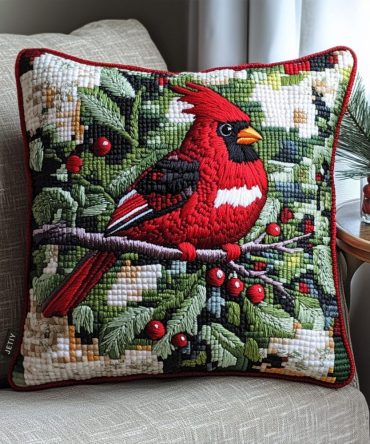 Cardinal Bliss Quilted Pillow Cover - Vibrant Red Cardinal Motif, Premium Nature Throw Pillowcase For Winter & Year-Round Decor