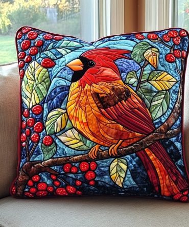 Cardinal Bliss Quilted Pillow Cover — Red Bird Holiday Throw Case For Elegant Seasonal Decor, Soft Texture, Gift-Ready