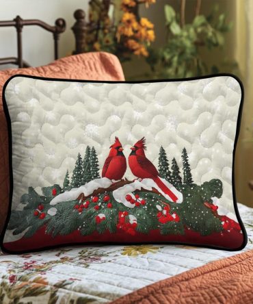 Cardinal Christmas Delight Quilted Pillow Cover — Festive Red Cardinal Holiday Quilted Pillowcase For Christmas, Winter & Seasonal Displays