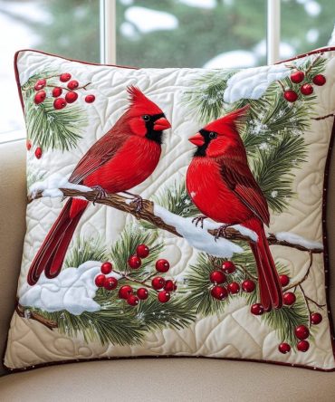 Cardinal Christmas Quilted Pillow Cover — Festive Holiday Cotton Sham With Red Bird Motif, Seasonal Accent For Mantel, Sofa & Bed, Washable