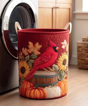Cardinal Crest Quilted Laundry Hamper — Classic Red Bird Storage Basket, Foldable Decorative Hamper With Reinforced Base & Handles