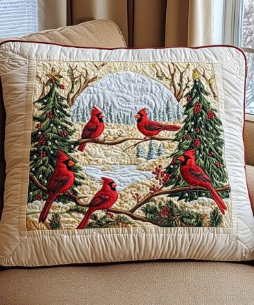Cardinal Delight Quilted Decorative Pillow Cover - Charming Red Cardinal Throw Pillowcase, Quilted Microfiber Accent For Living Room & Porch