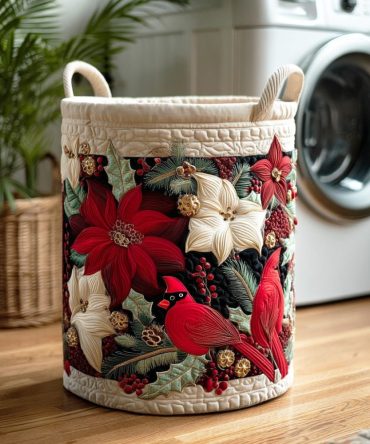 Cardinal Garden Song Quilted Laundry Hamper — Red Bird & Floral Design, Collapsible Fabric Basket For Cozy Home Storage