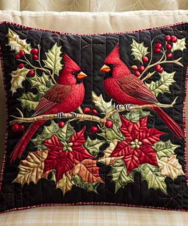 Cardinal Glow Quilted Pillow Cover — Luminous Red Bird Throw Case For Festive Accents And Cozy Holiday Rooms