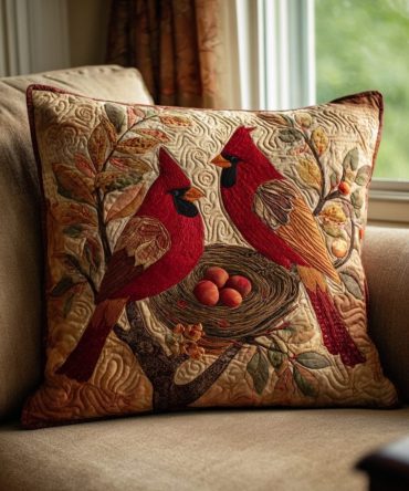 Cardinal Quilted Throw Pillow Cover — Elegant Red Bird Christmas Accent For Sofa, Entryway Or Holiday Table Seating
