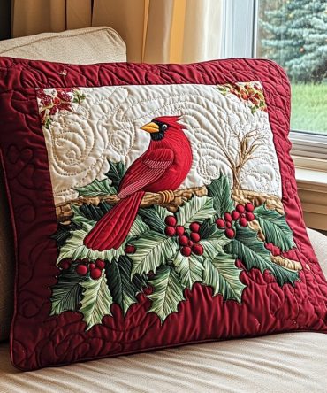 Cardinal Joy Quilted Pillow Cover — Festive Red Bird Throw Case For Cheerful Holiday Decor, Soft Quilted Comfort