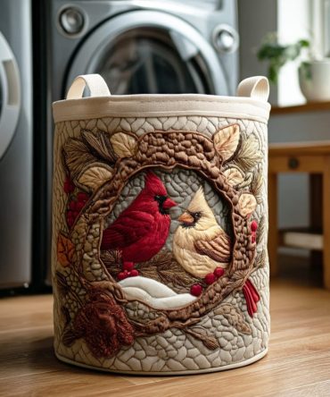 Cardinal Morning Branch Quilted Laundry Hamper — Morning Bird Print, Foldable Fabric Basket For Stylish Bedroom & Bath Storage
