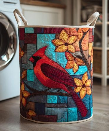 Cardinal Snow Perch Quilted Laundry Hamper — Winter Bird-Themed Foldable Storage Basket For Holiday And Everyday Home Styling