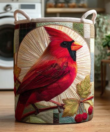 Cardinal Soft Dawn Quilted Laundry Hamper — Subtle Bird-Pattern Foldable Storage Basket For Calm, Stylish Home Organization