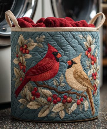 Cardinal Song Quilted Laundry Hamper — Elegant Bird Motif Collapsible Laundry Basket For Home & Nursery, Durable Handles & Compact Storage