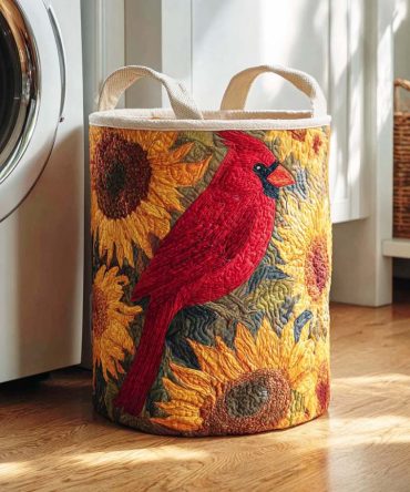 Cardinal Song Quilted Laundry Hamper — Charming Bird Print Storage Basket, Foldable Decorative Hamper With Sturdy Handles & Washable Liner