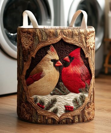 Cardinal Woodland Quilted Laundry Hamper — Nature-Inspired Foldable Storage Basket For Cabin, Rustic, Or Cozy Home Organization