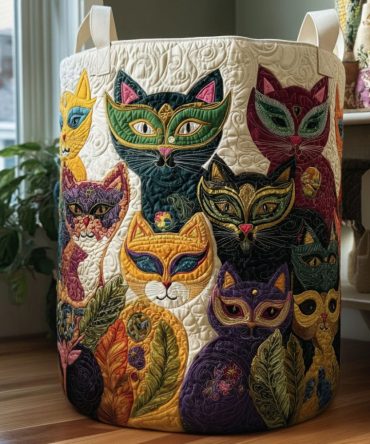 Carnival Cats Quilted Hamper - Whimsical Cat Print Laundry Basket, Lightweight Collapsible Organizer For Kids' Rooms & Pets