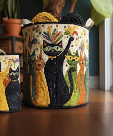 Playful Carnival Cat Print Quilted Laundry Hamper — Large Collapsible Fabric Storage Basket For Kids & Cat Lovers, Durable Organizer