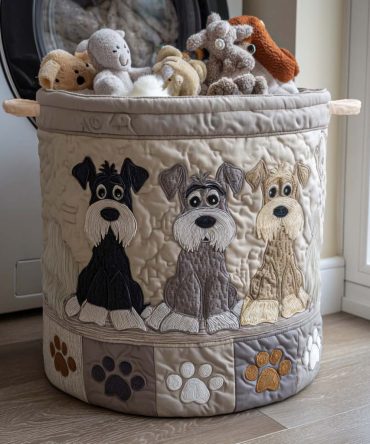 Playful Schnauzer Quilted Laundry Hamper — Foldable Dog Print Fabric Basket With Handles, Decorative & Easy-Care Storage
