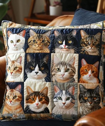 Classic Cat Portraits Quilted Pillow Cover – Vintage-Inspired Feline Faces For Timeless Home Decor (Textured, Versatile Accent For Couch Or Bedroom)