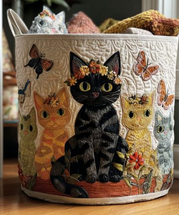 Cute Cat Among Flowers Quilted Laundry Hamper — Large Decorative Foldable Basket With Durable Handles & Machine-Friendly Cover