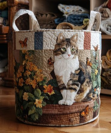 Cat Among Petals Quilted Laundry Hamper — Playful Floral & Cat Design, Foldable Fabric Laundry Basket With Handles, Durable & Machine-Friendly