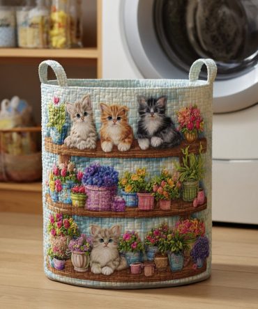 Cat Bloom Quilted Laundry Hamper — Floral Cat-Print Foldable Laundry Basket With Reinforced Handles, Soft Quilted Home Storage Bin