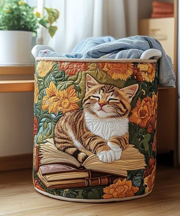 Playful Cat Blossom Quilted Hampers - Cute Collapsible Fabric Laundry Basket For Nursery, Kids Room & Pet Lovers