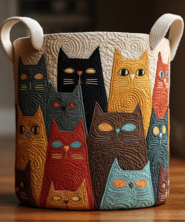 Cat Celebration Quilted Laundry Hamper — Festive Cat-Print Foldable Fabric Basket For Stylish Laundry & Room Storage