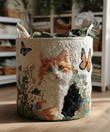 Stylish Quilted Cat Pattern Laundry Hamper — Charming Cat Charm Print, Collapsible Fabric Basket For Home Organization