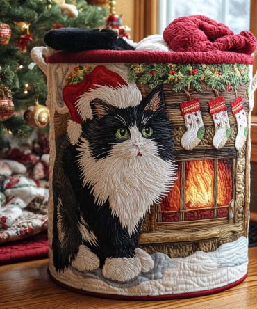 Festive Cat Christmas Quilted Hamper - Holiday Cat-Themed Foldable Laundry Basket, Durable Fabric Gift For Pet Lovers