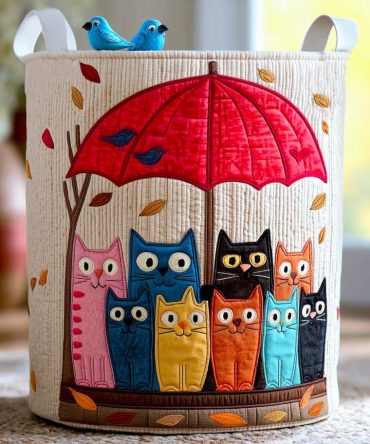 Cat Crew Quilted Laundry Hamper - Playful Feline Fabric Basket For Pet Lovers & Kids, Lightweight Collapsible Storage With Handles