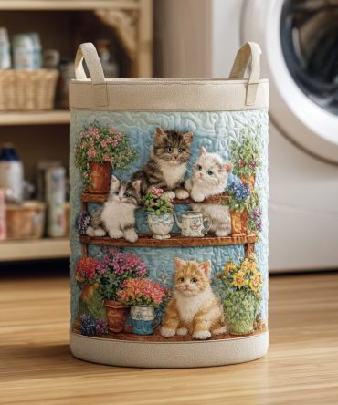 Cat Garden Quilted Laundry Hamper — Charming Cat & Floral Print Foldable Laundry Basket With Sturdy Handles For Home Organization