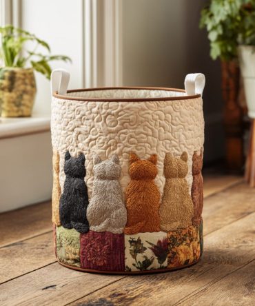 Cat Gathering Quilted Laundry Hamper — Charming Collapsible Fabric Basket With Playful Cat Design For Home Organization