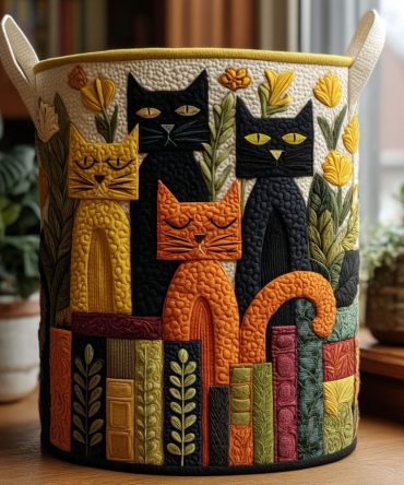 Cat Harmony Quilted Laundry Hamper — Serene Cat Pattern Fabric Basket, Foldable, Durable Home Storage For Bedrooms And Dorms
